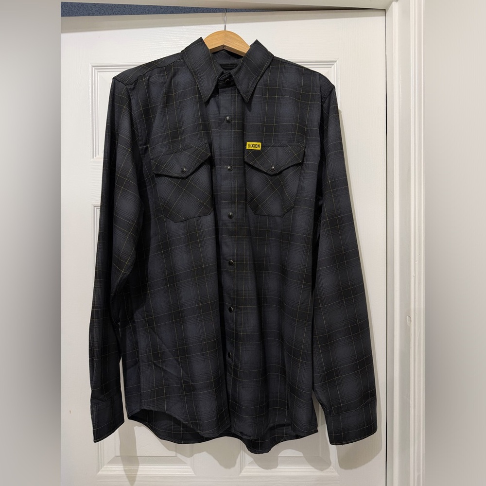 Dixxon Flannel The Raven Black Gray Yellow Plaid Snap Close Moto Biker Size L